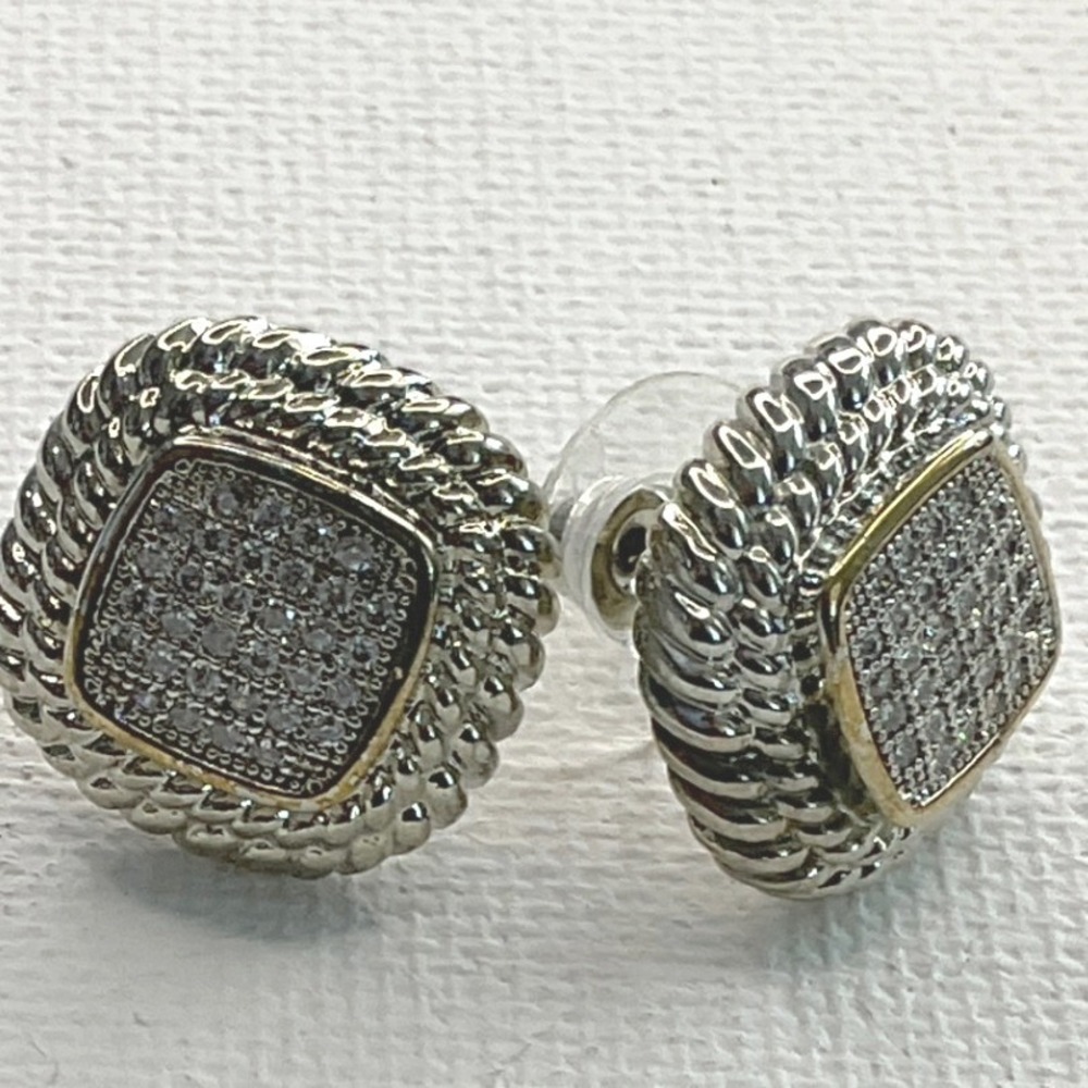 Earrings Silver Two-Tone Rhinestone Square Cable Border Push Back Classic New - Picture 2 of 4